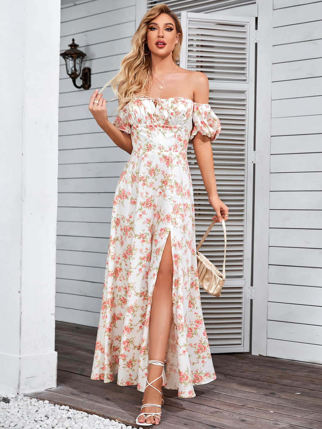     puff sleeve slit long dress pink flower#color_pink-flower