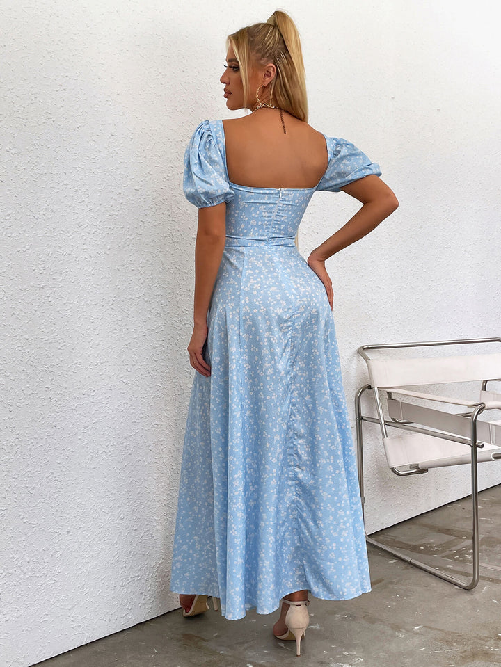     puff sleeve slit long dress sky blue back#color_sky-blue