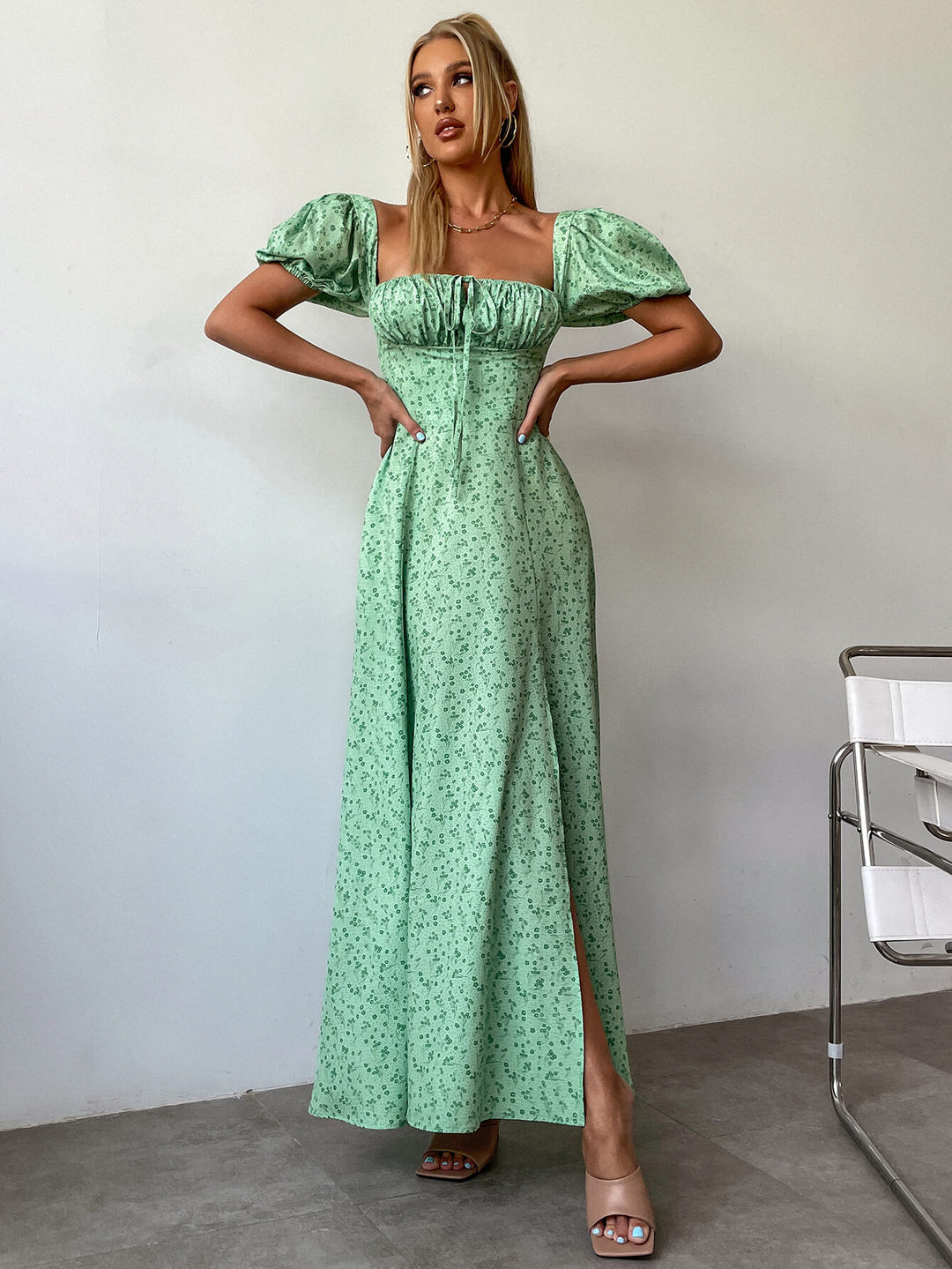      puff sleeve slit long green dress#color_green