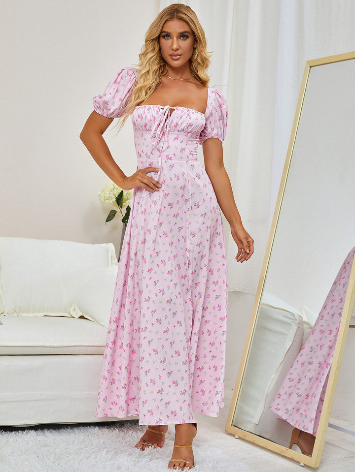 puff sleeve slit long pink dress#color_pink