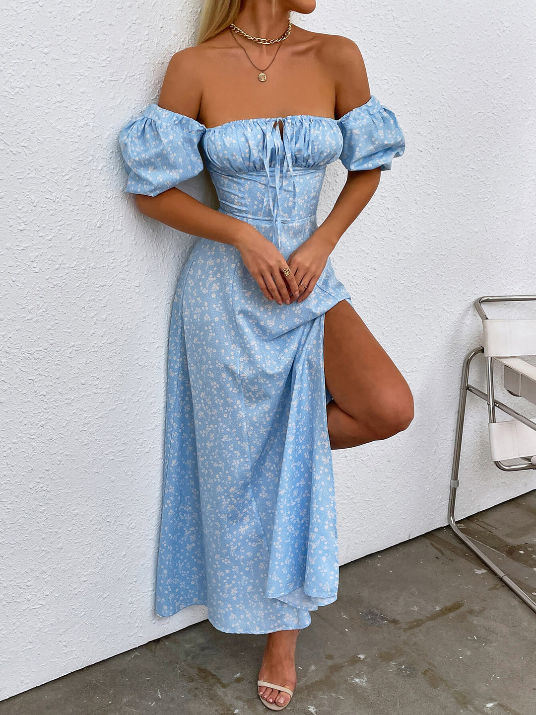      puff sleeve slit long sky blue dress#color_sky-blue