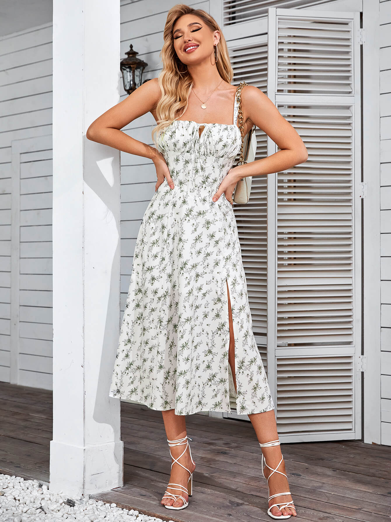 Ruched Bust Split Thigh Floral Cami Dress – Parthea Fashion