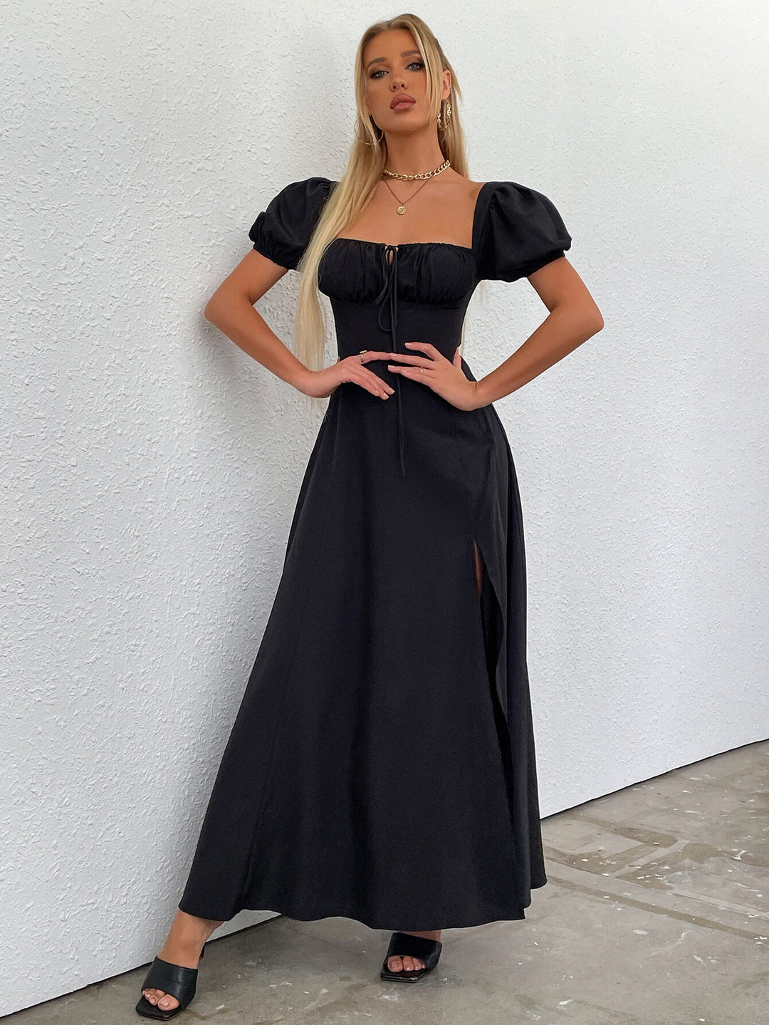      short puff sleeve slit dress black#color_black