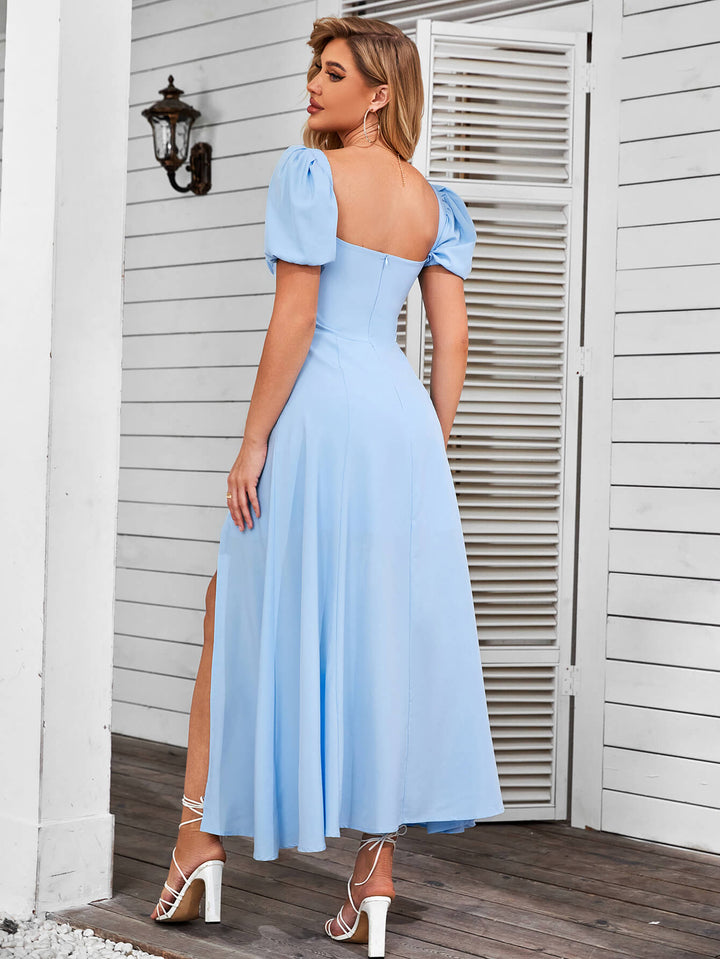     short puff sleeve slit dress blue back#color_blue