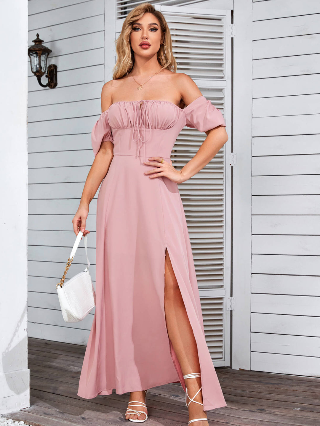     short puff sleeve slit dress blush#color_blush