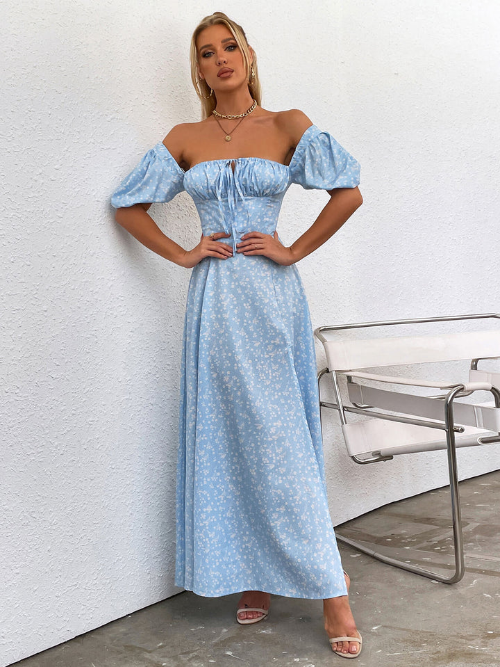     sky blue puff sleeve slit long dress#color_sky-blue